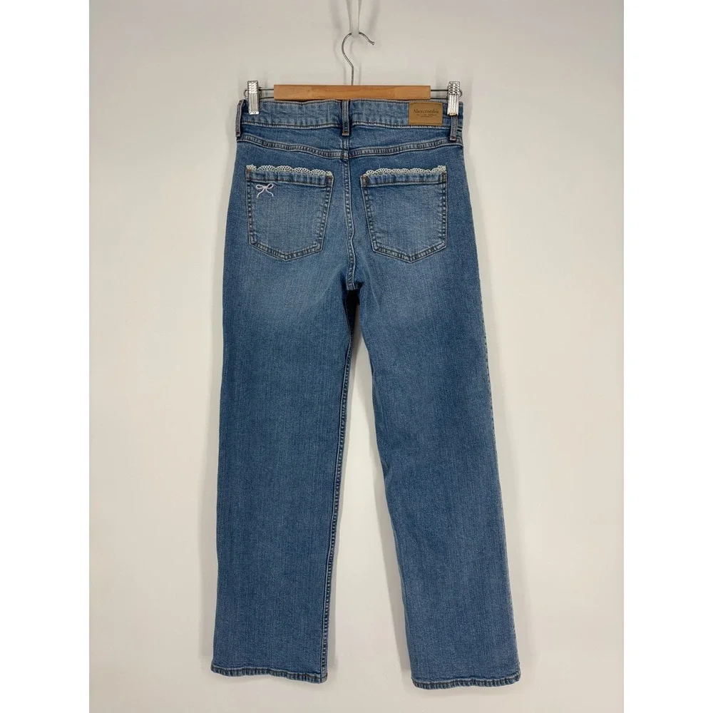 Abercrombie Kids Jeans Girls 15/16 Blue High Rise Wide Leg Denim Bow Crochet